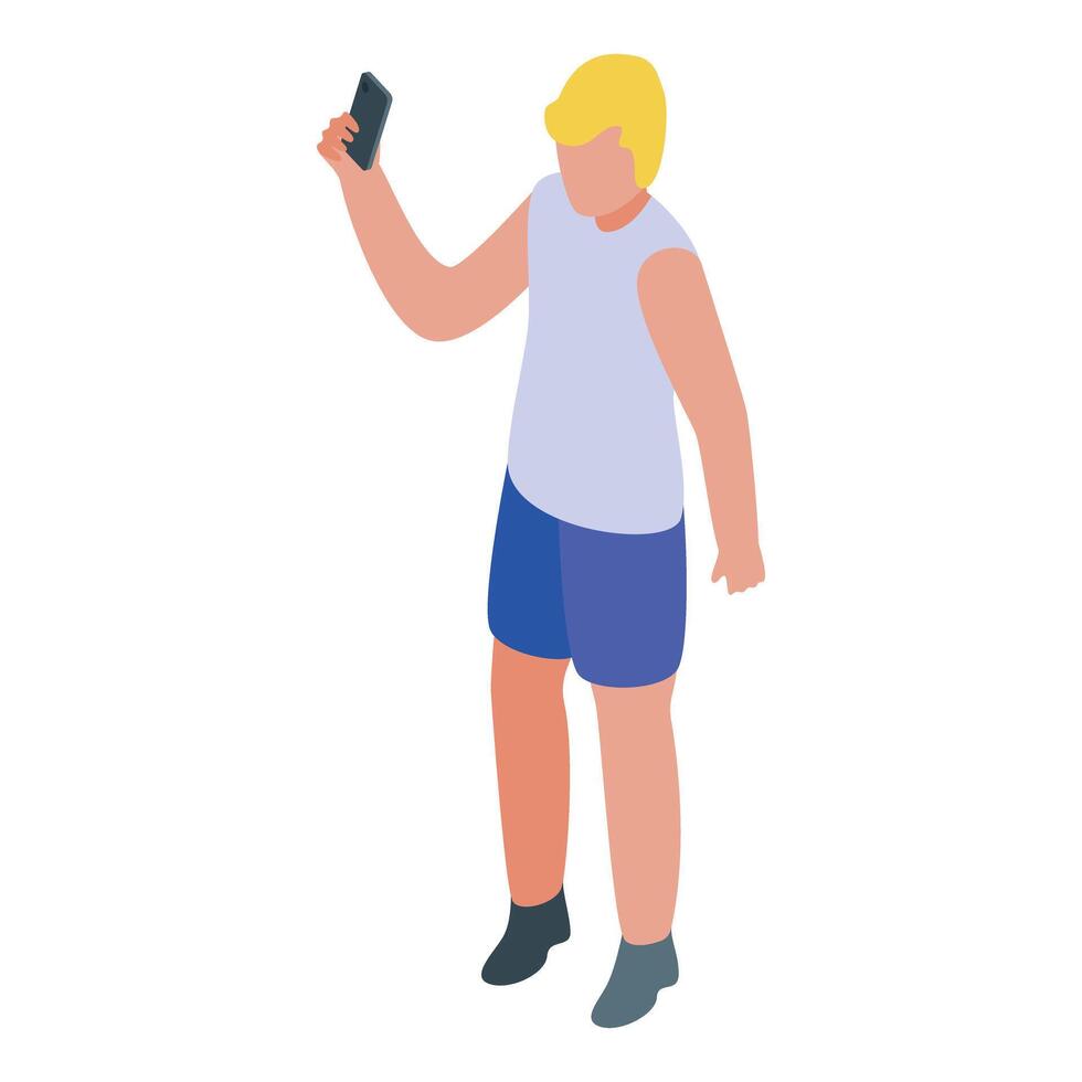 Young man taking selfie with smartphone isometric icon vector