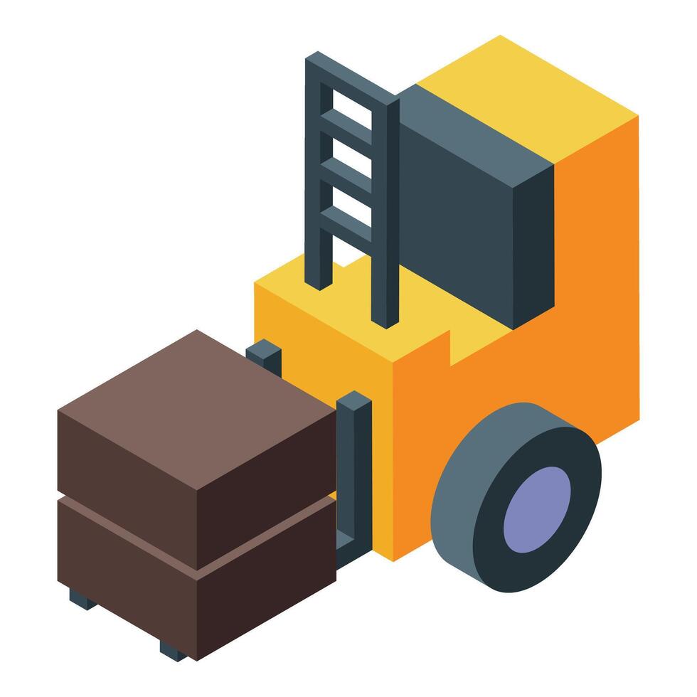 Forklift lifting heavy wooden box in isometric view vector