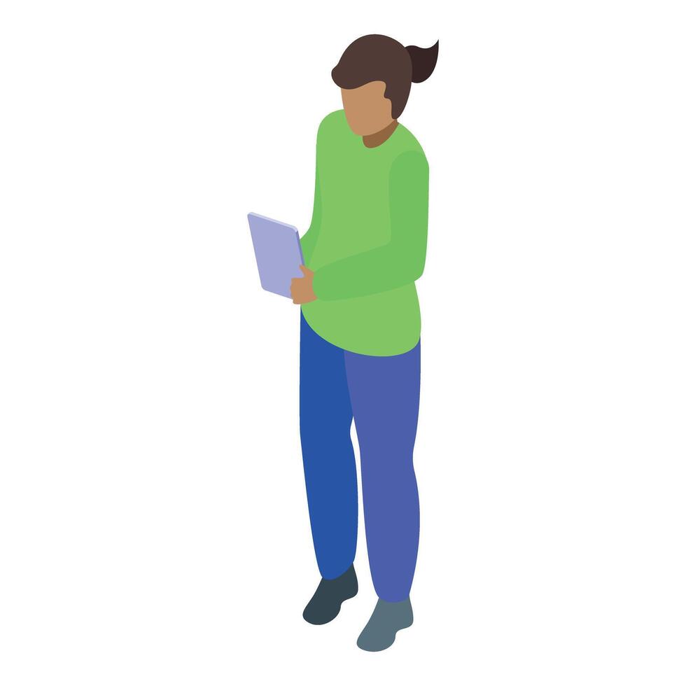 Young woman using tablet for mobile working isometric icon vector