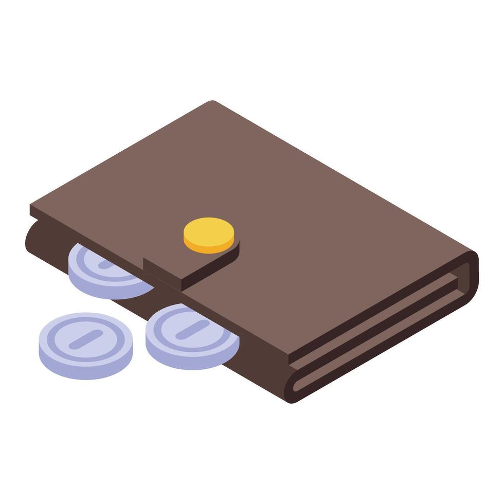 Leather wallet losing money coins isometric view vector