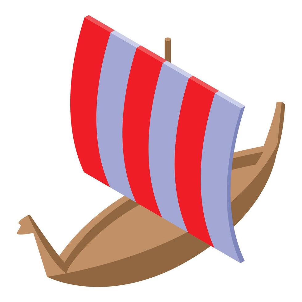 Wooden drakkar viking ship sailing with red striped sail vector