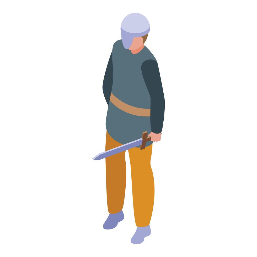 Medieval warrior holding sword behind his back isometric icon vector