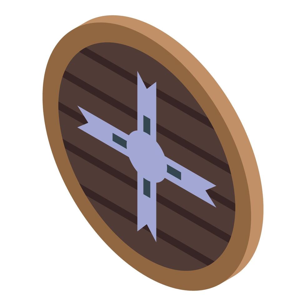 Round wooden shield protecting from attacking using weapon vector