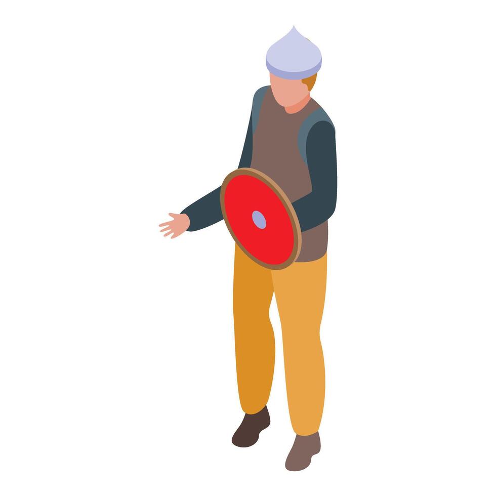 Medieval soldier holding round wooden shield isometric icon vector