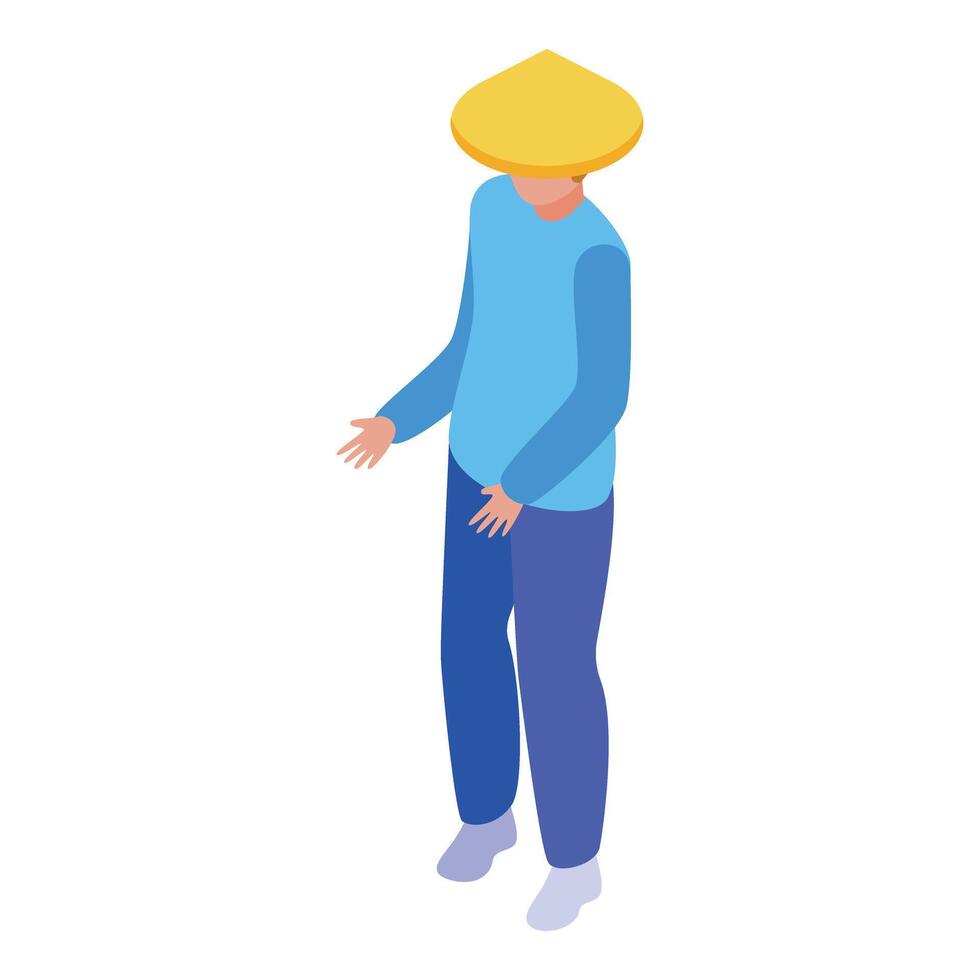 Vietnamese farmer wearing traditional conical hat standing isometric 3d icon vector