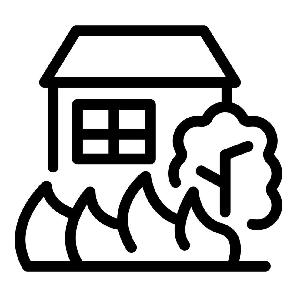 Fire burning down house with tree nearby line icon vector