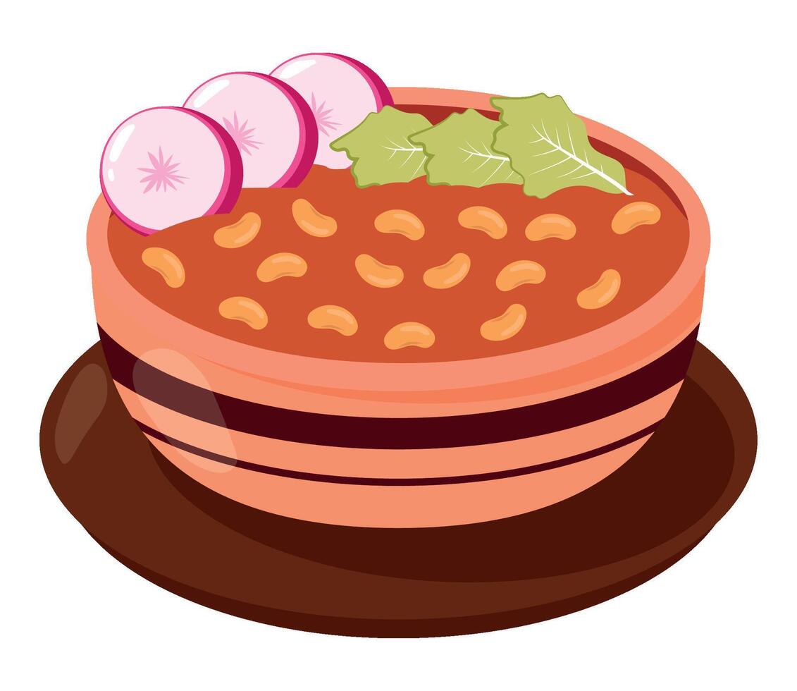 A bowl of chili and radishes on a plate vector