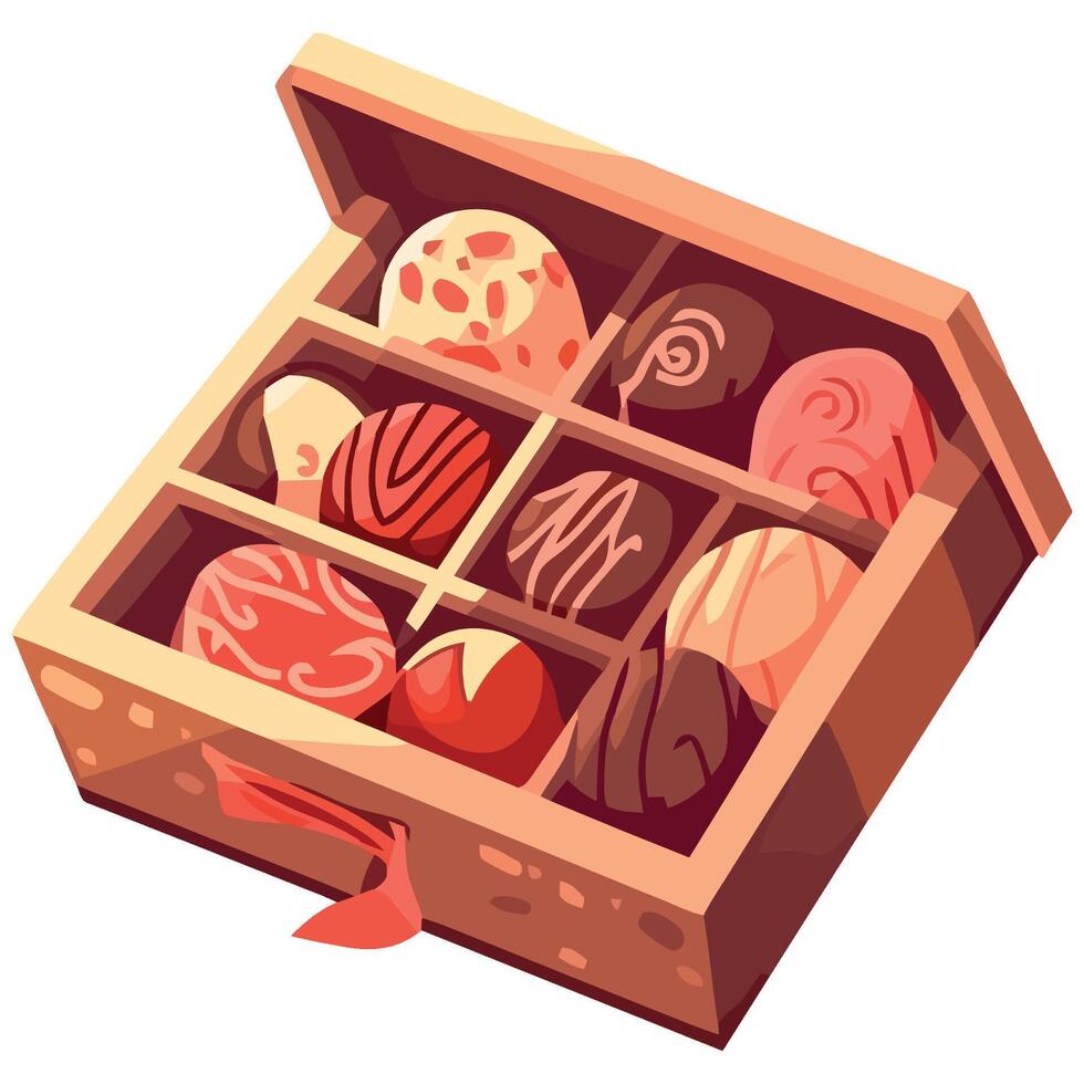 A wooden box with different kinds of chocolates vector