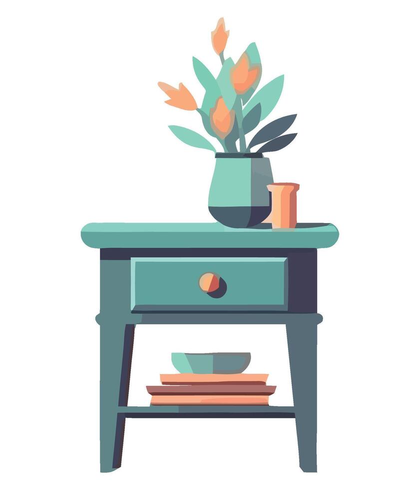 A vase of flowers on a nightstand with a plate of food vector