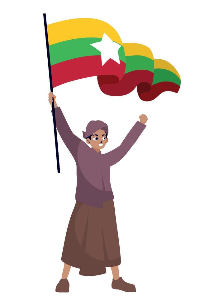 A woman holding a myanmar flag vector