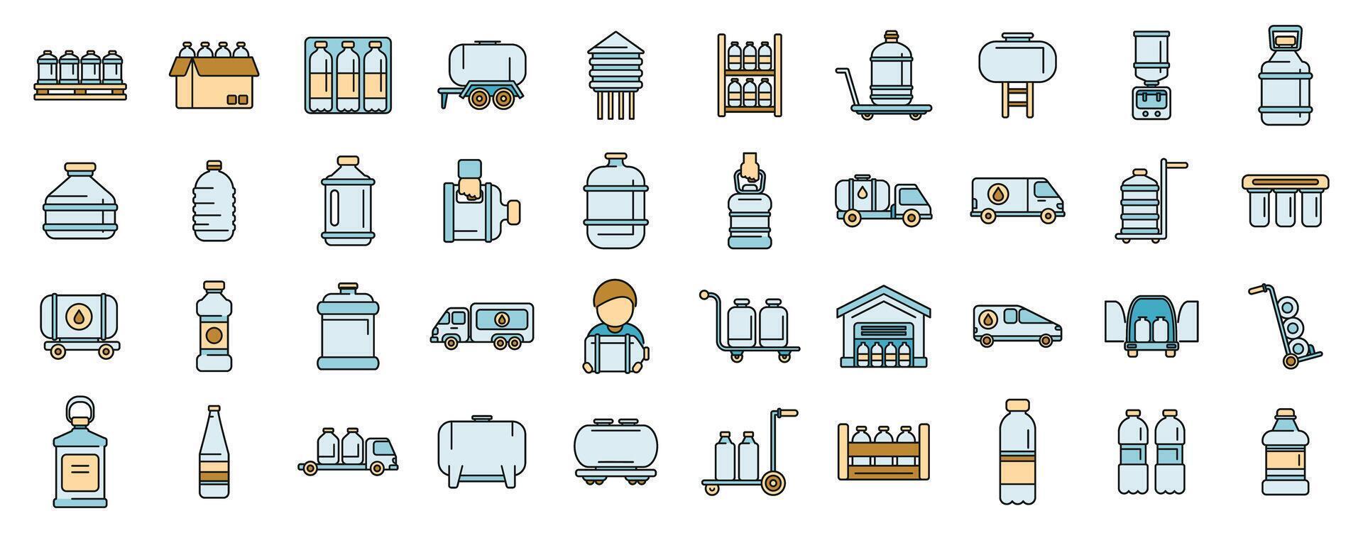 Water delivery icons set vector color line