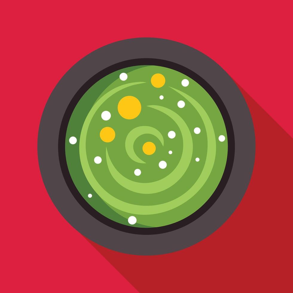 Green pea soup rotating in a bowl over red background vector