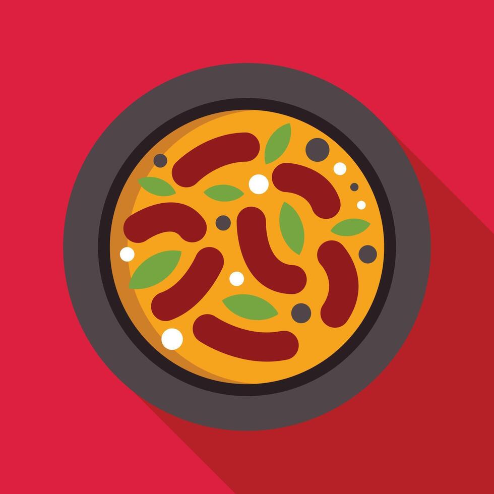 Delicious sausage pizza lying on black plate over red background vector
