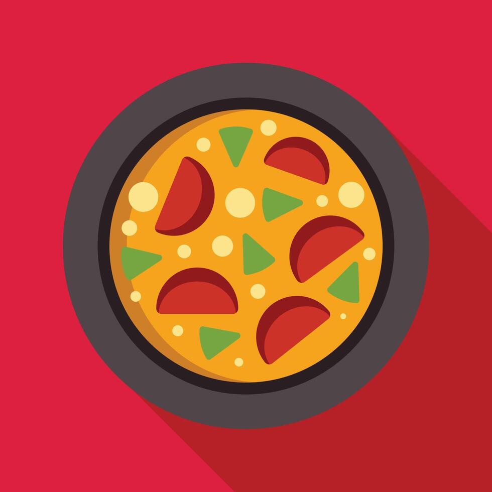 Tasty paella is served on a round plate with a long shadow vector