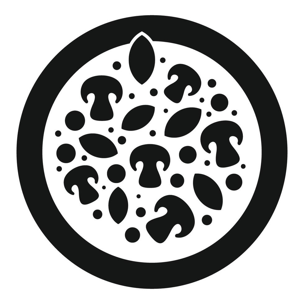 Black and white icon of a pizza with mushrooms and basil leaves vector