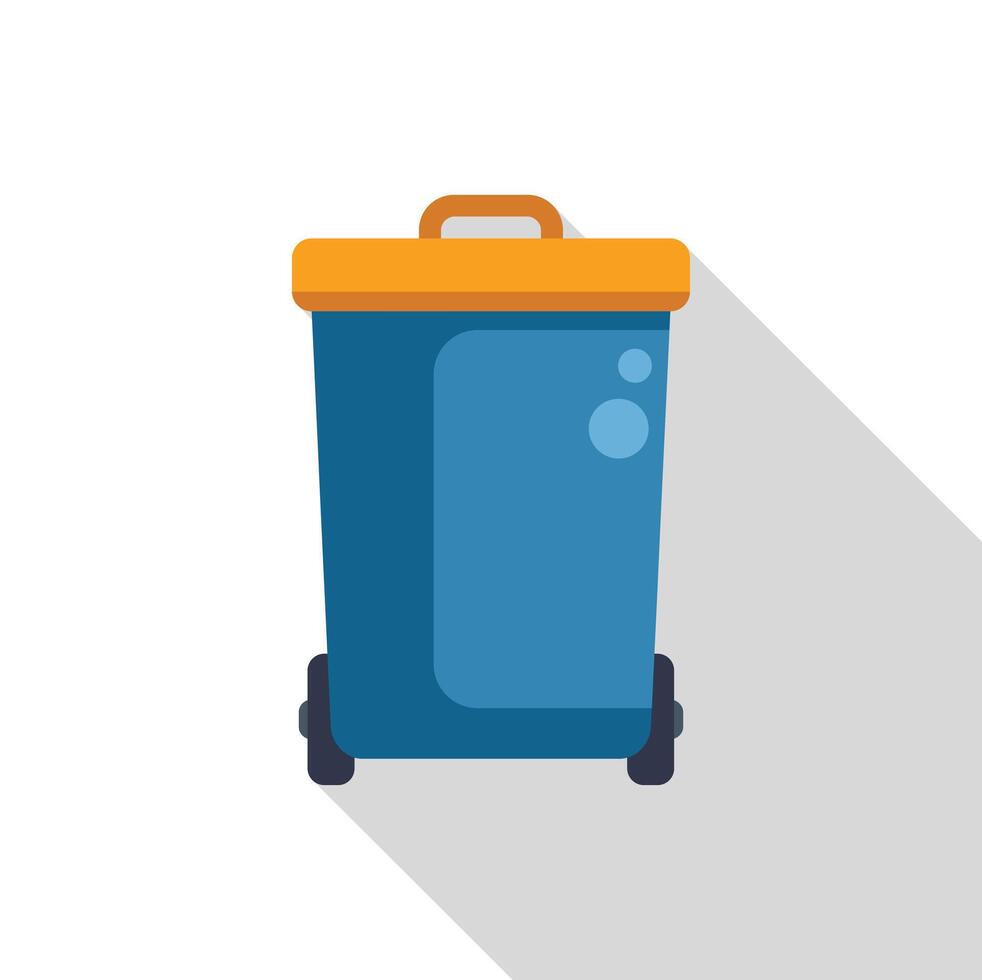 Blue trash bin with wheels and long shadow on white background vector