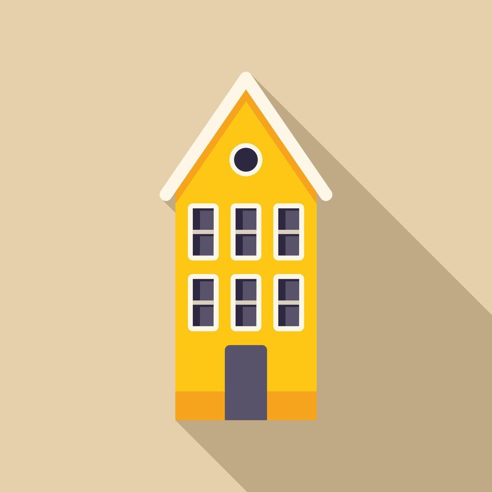 Yellow tiny house building facade with snow on roof minimalist illustration vector