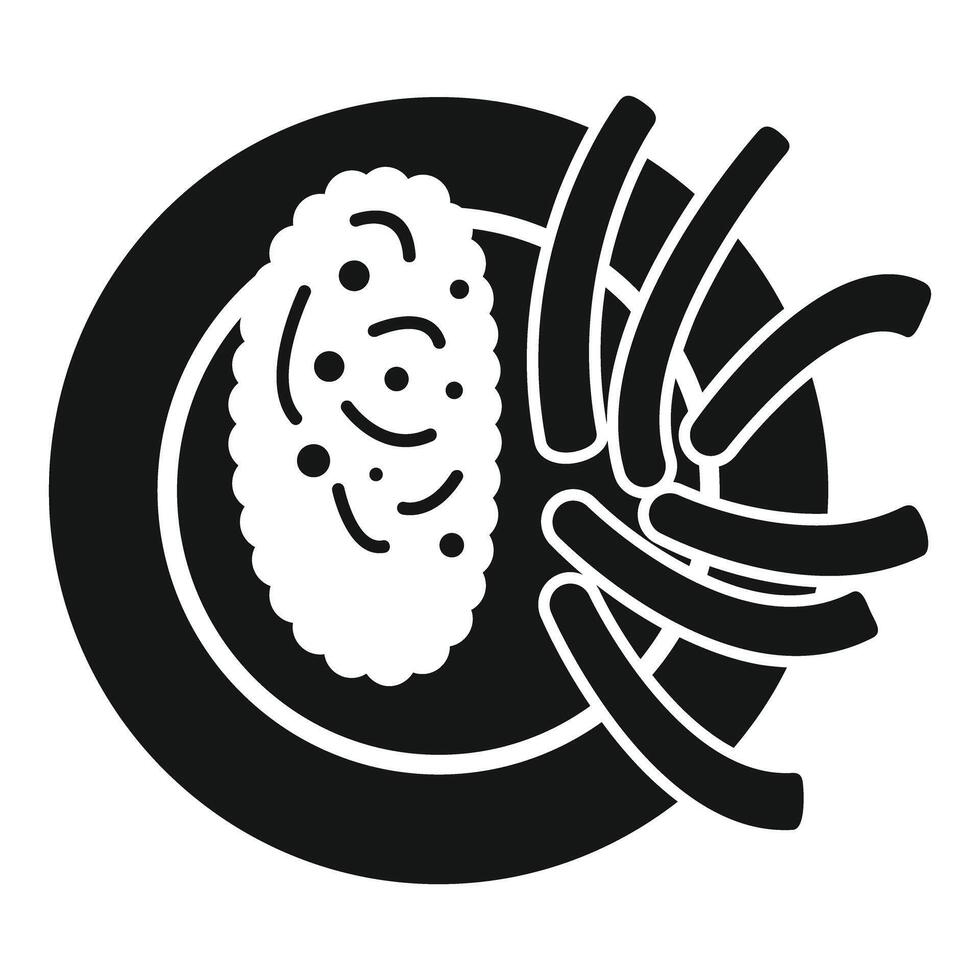 Black glyph style icon of a plate with octopus sushi and fried onions vector