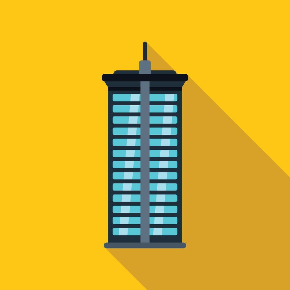 Skyscraper building towering over city skyline with long shadow vector