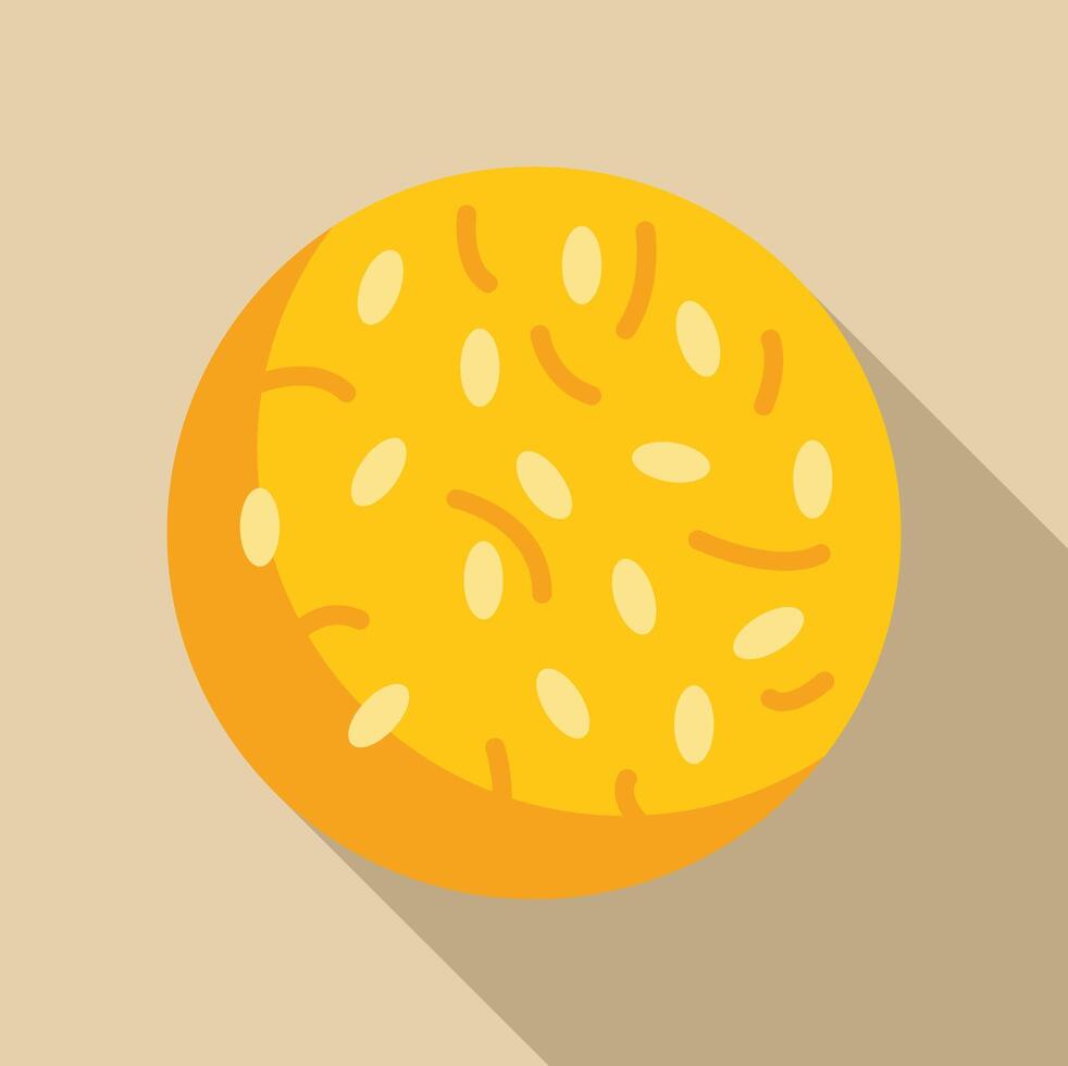 Round sesame bun lying on table, bakery product, flat design icon with long shadow vector