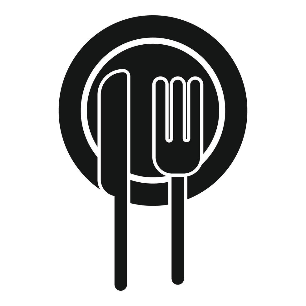 Black cutlery silhouette icon on a plate with knife and fork representing dining vector