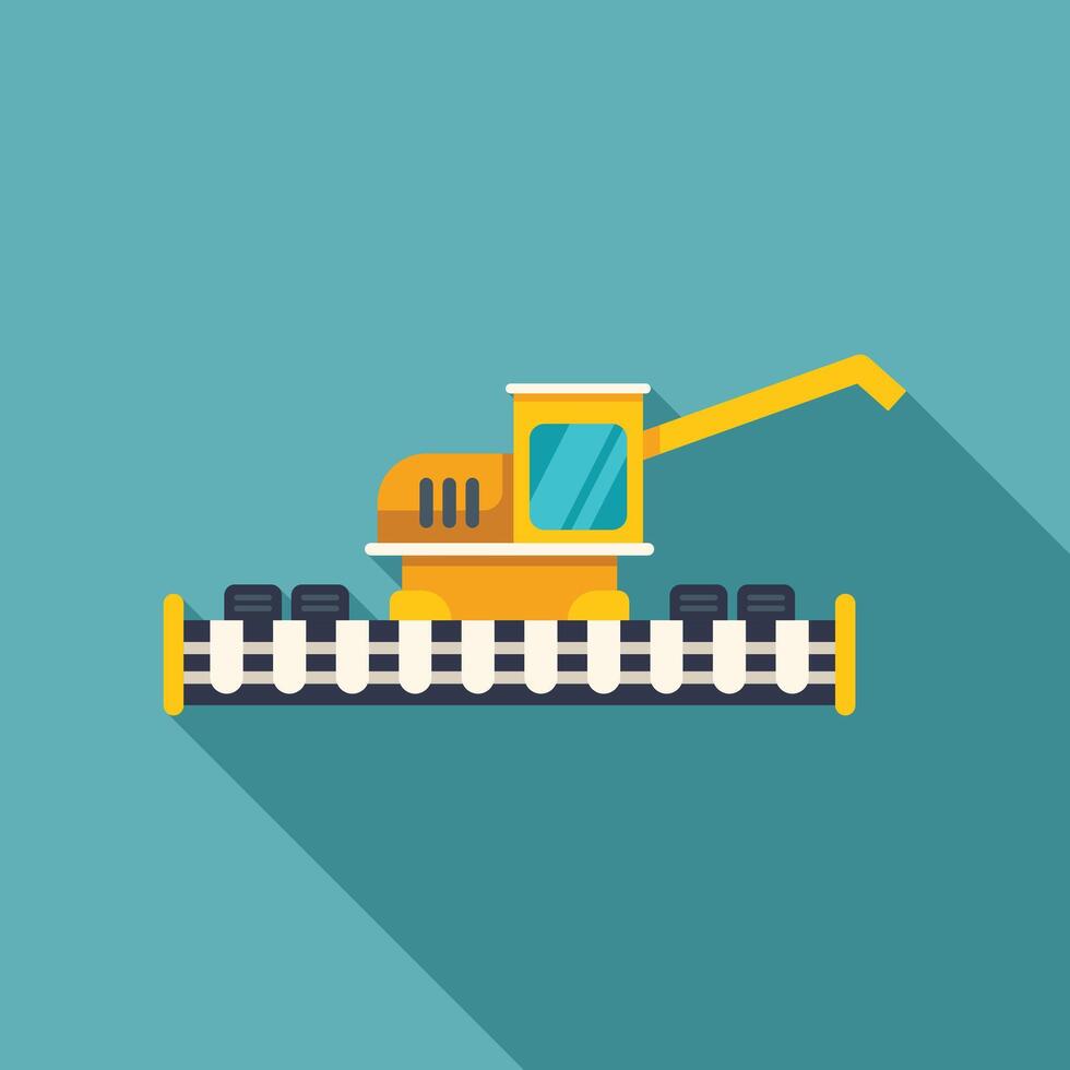 Yellow harvester machine harvesting rice or wheat field flat design icon illustration vector