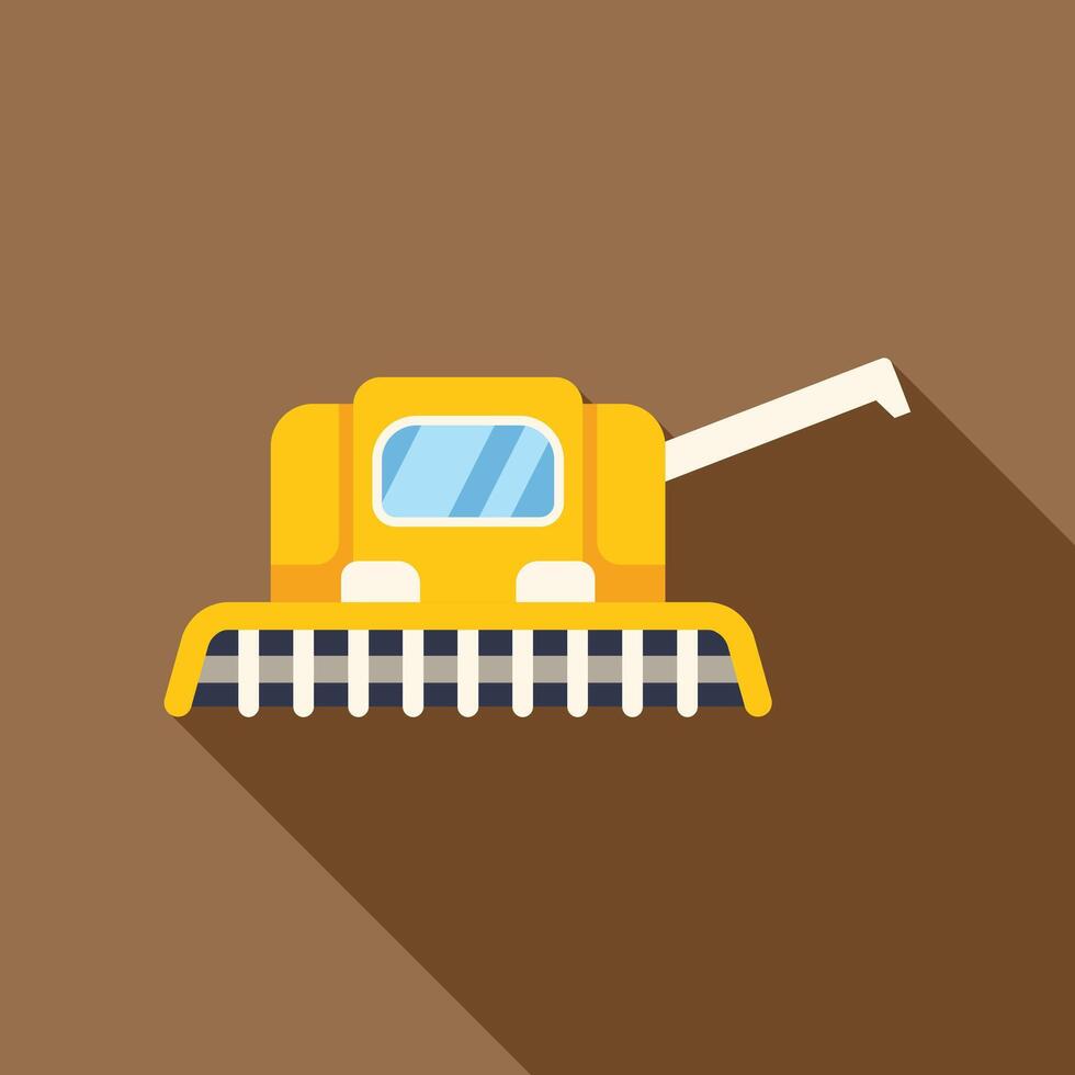 Yellow combine harvester working on brown background vector