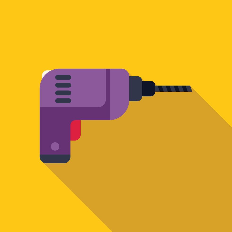 Purple electric drill illustration casting long shadow on yellow background vector