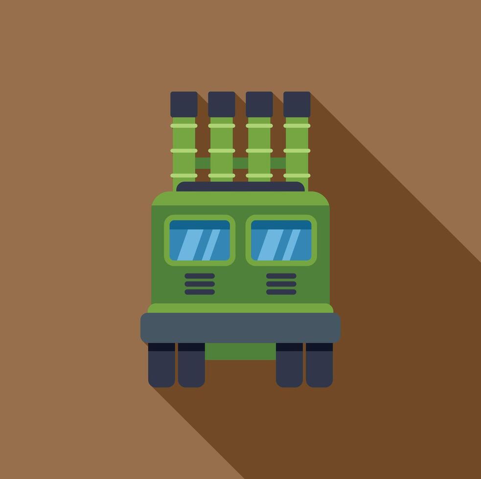 Military vehicle with rocket launcher system on top is staying on position vector