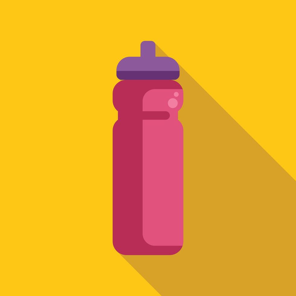 Pink water bottle for sports and outdoor activities with long shadow on yellow background vector