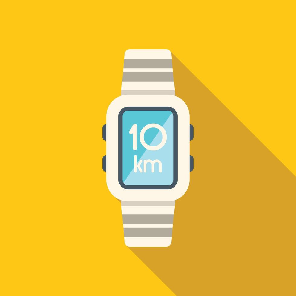 Smartwatch showing 10 kilometers on yellow background with long shadow vector