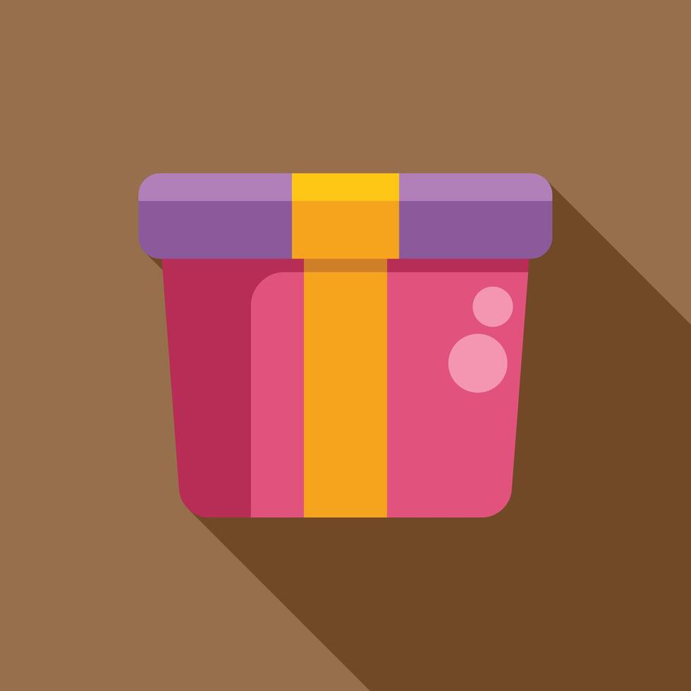 Pink gift box present wrapped with yellow ribbon long shadow minimalist icon vector
