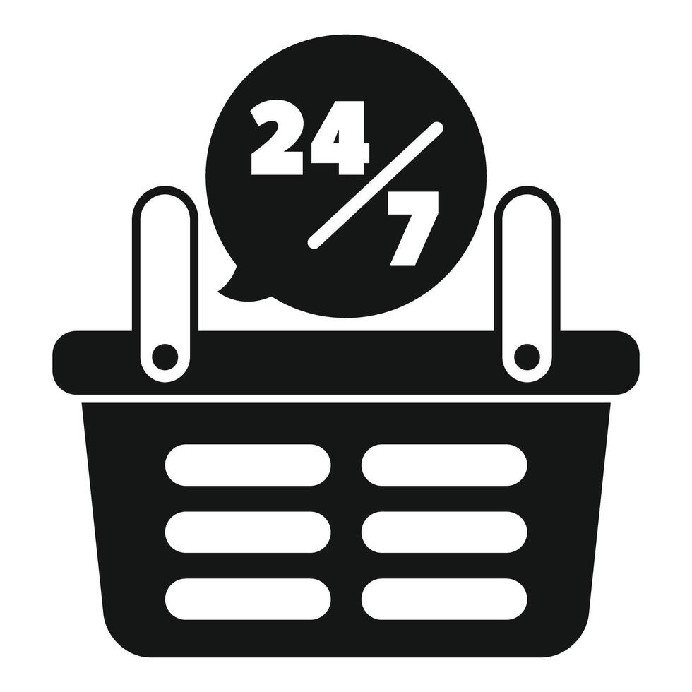 Shopping basket with 24 7 sign showing open hours for ecommerce vector