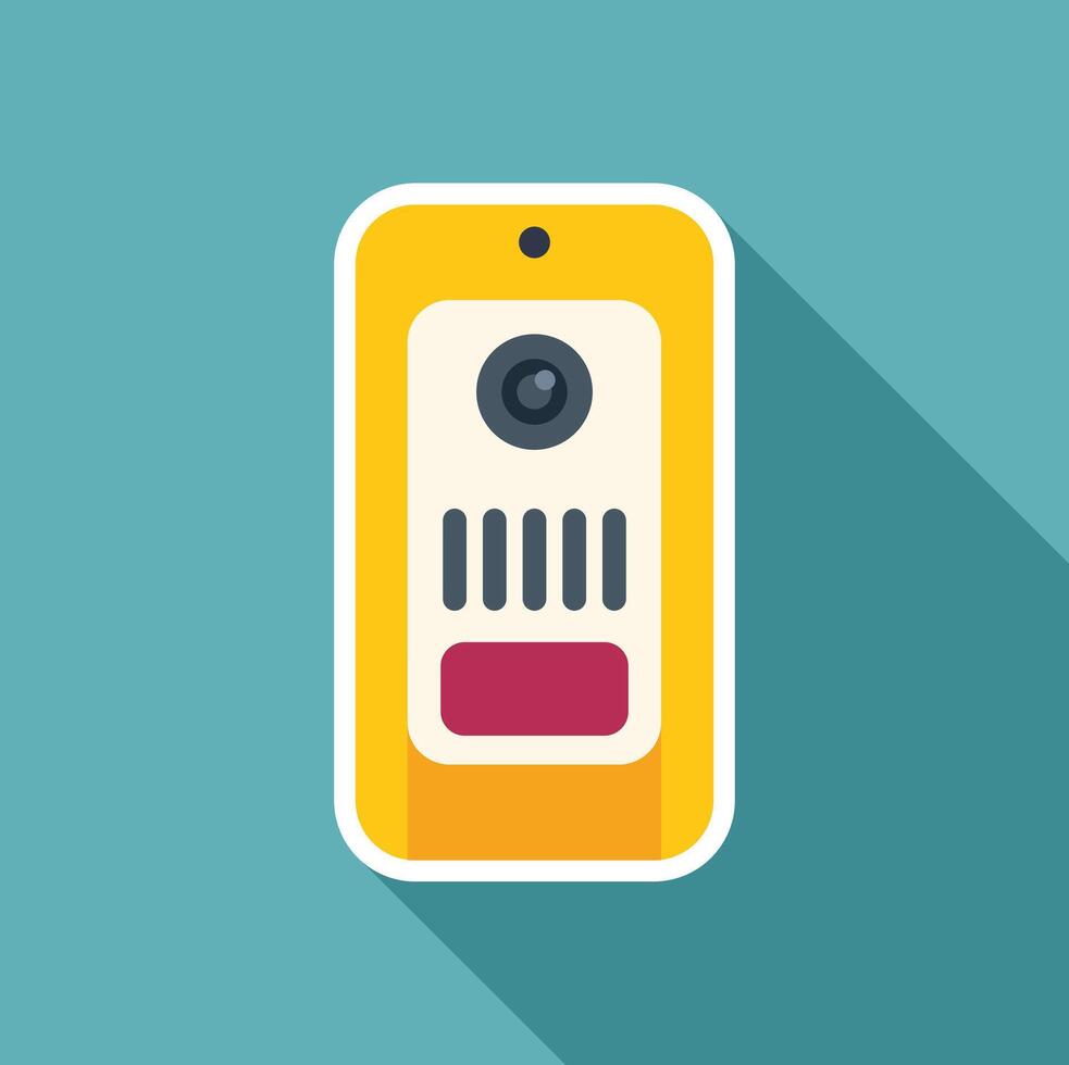 Yellow intercom system hanging on a teal wall is monitoring the entrance vector