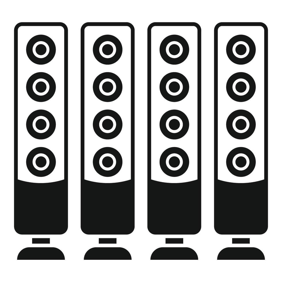 Four big black tower speakers standing on the floor vector