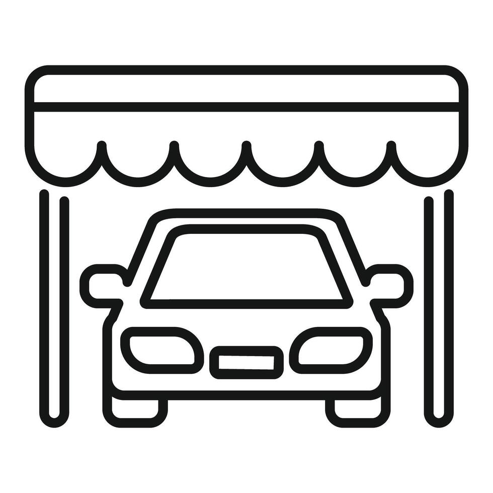Line icon depicting a car parking under an awning, representing a protected parking space vector