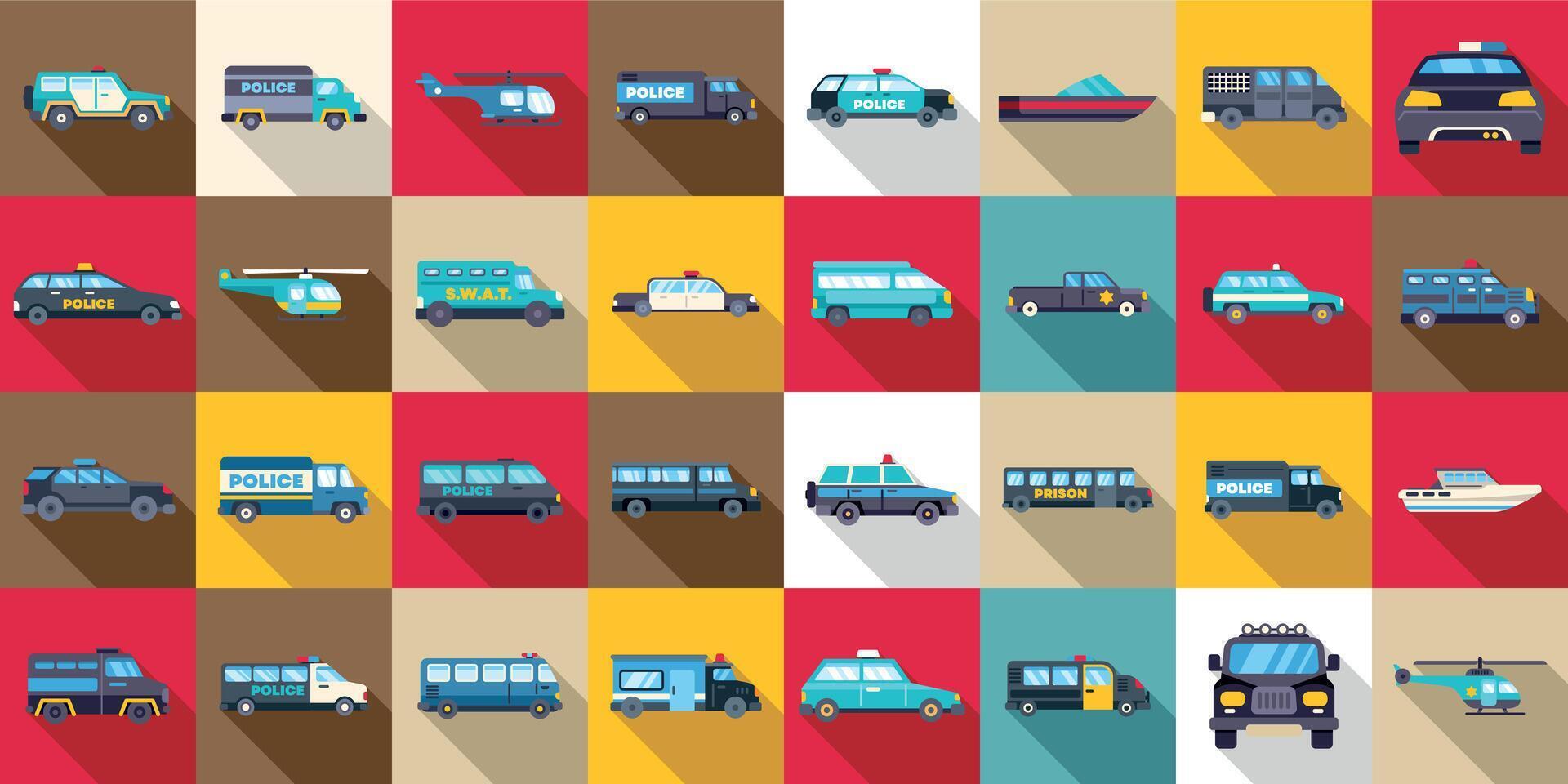 Police vehicles icons set. Large set of different police cars and transportation for patrolling vector