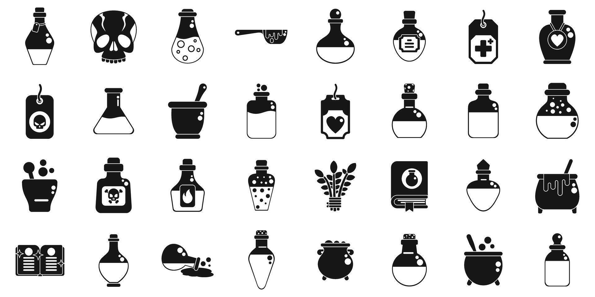 Magic elixir icons set. Alchemist preparing potions, flasks, beakers, bottles, witchcraft equipment, and magical ingredients icon set vector