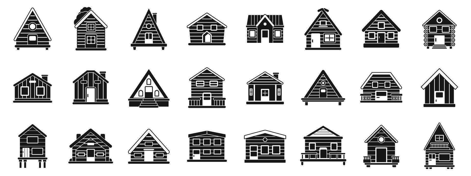 Wooden cabin icons set. Collection of wooden houses representing different architectural styles vector