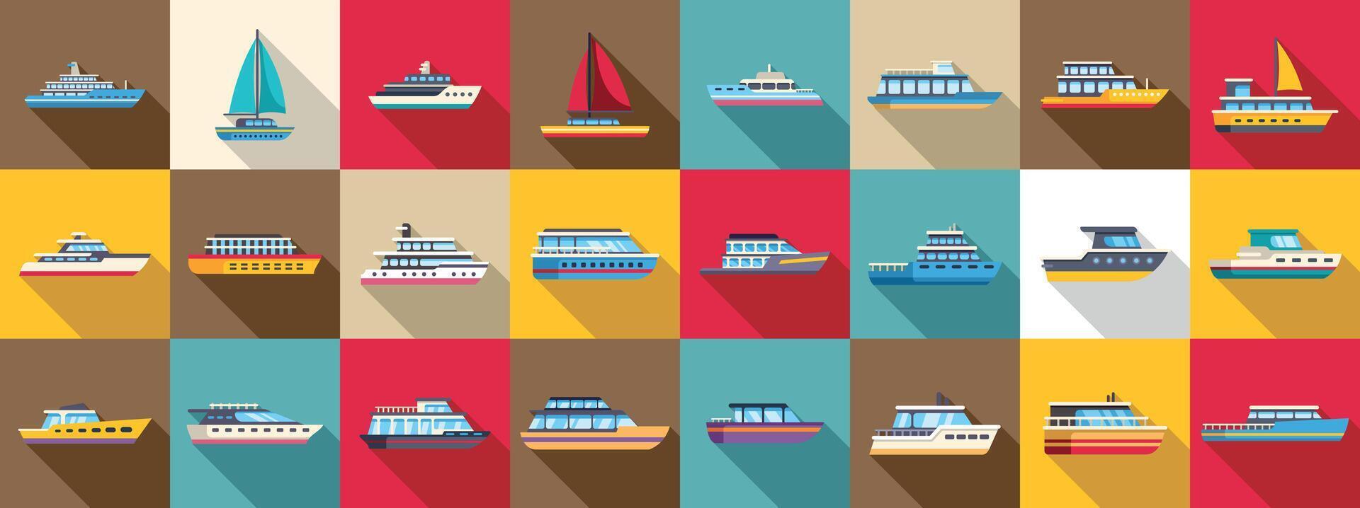 Luxury trip boat icons set. Set of different passenger and cargo ships for water excursion or trip presenting cruise liners and sailboats vector