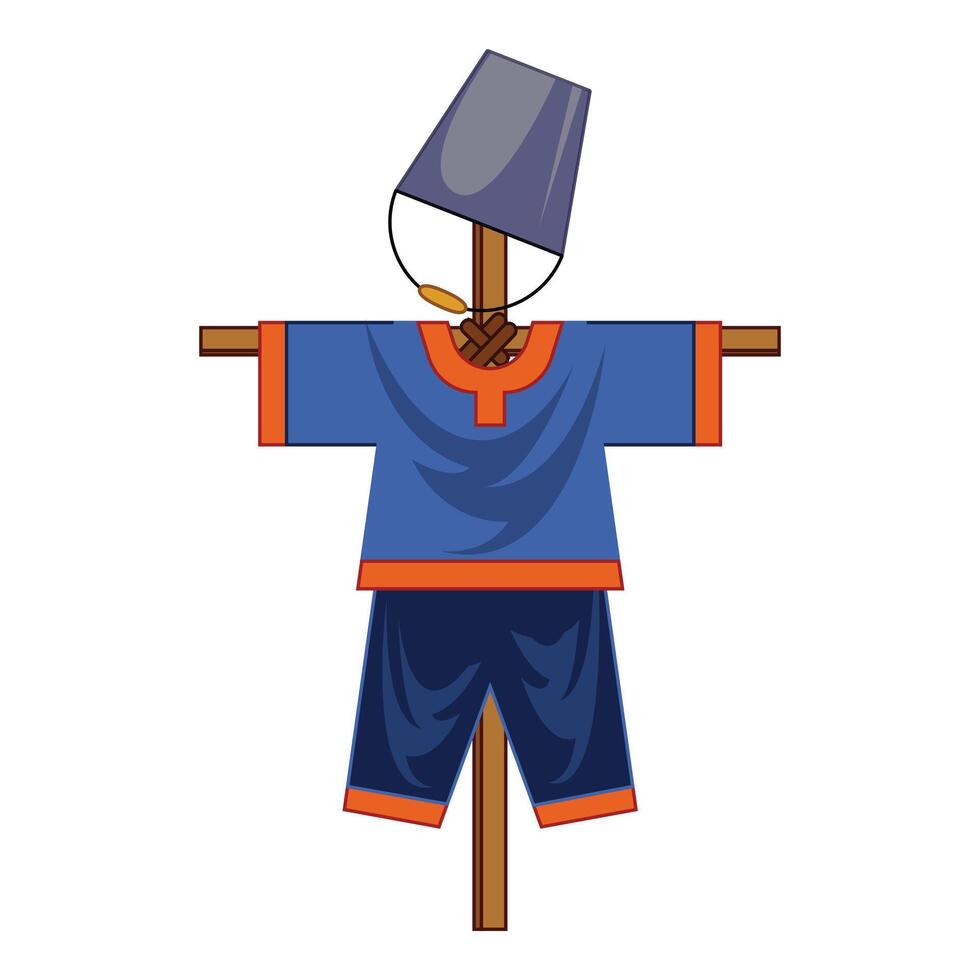 Cute scarecrow wearing bucket protecting crops in the field vector