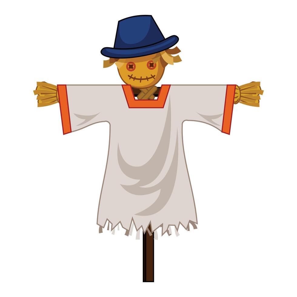 Friendly scarecrow wearing a hat standing in a field vector