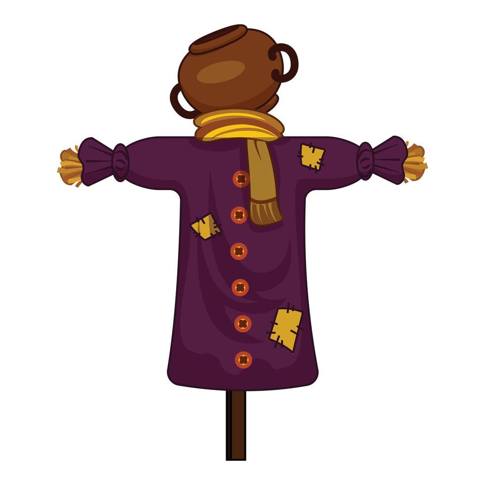Scarecrow wearing a clay pot and a yellow scarf standing in a field vector