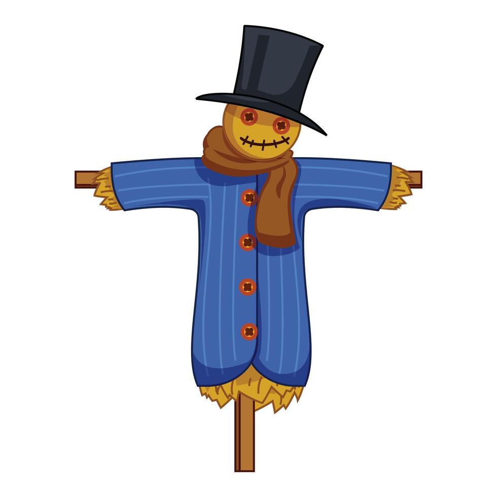 Friendly scarecrow wearing blue coat and top hat standing in field vector