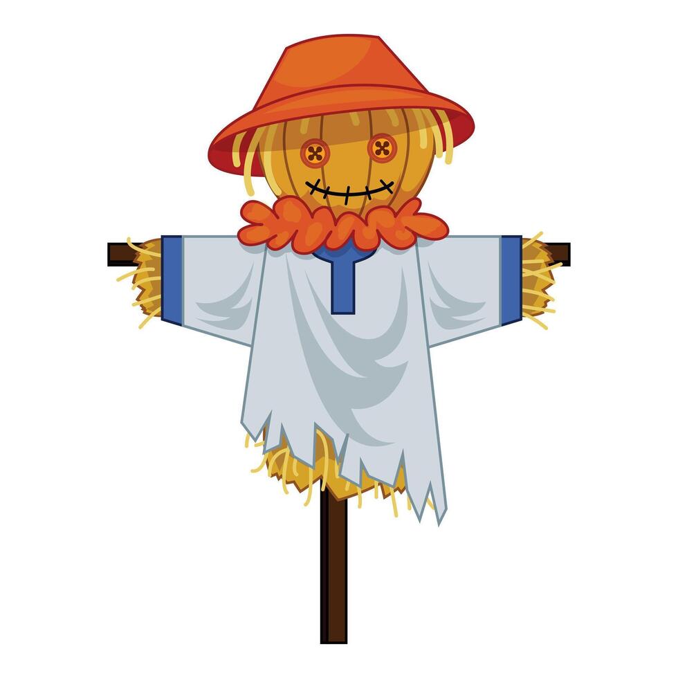 Funny scarecrow standing in the field wearing a hat vector
