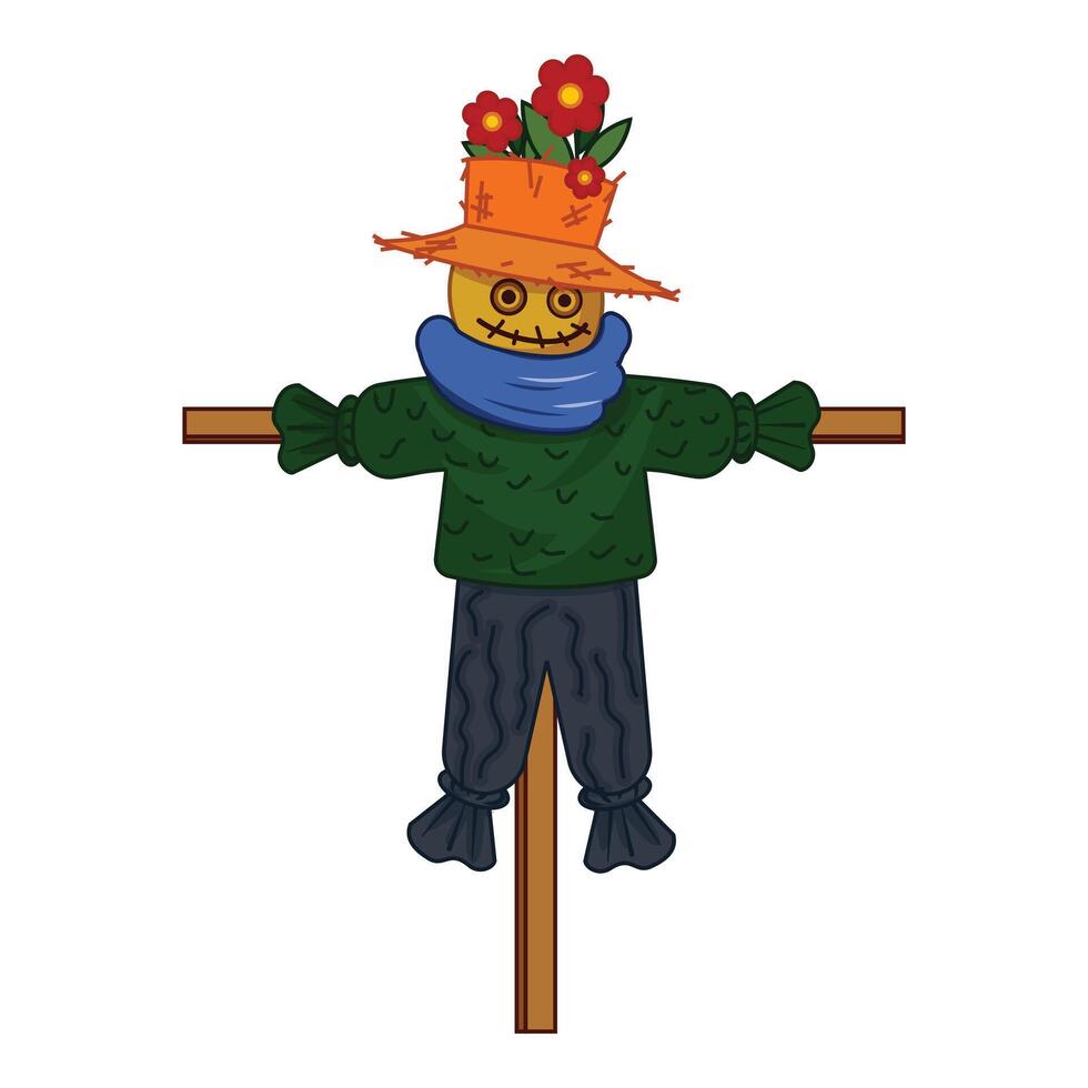 Funny scarecrow wearing green sweater standing in the field vector