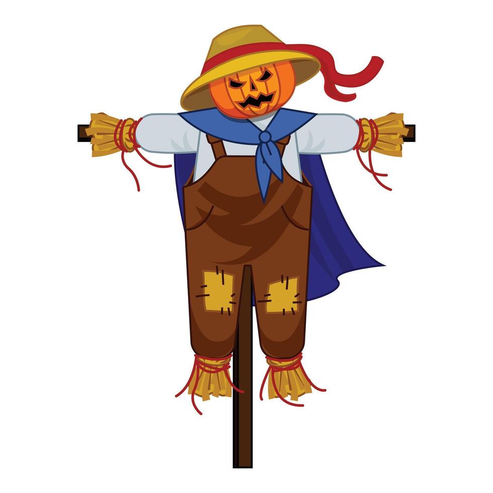 Funny halloween scarecrow wearing a hat and a cloak standing in a field vector