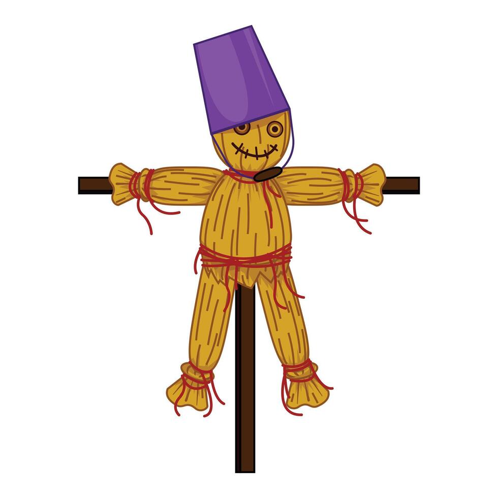 Smiling scarecrow wearing a purple bucket hat standing on a wooden cross vector