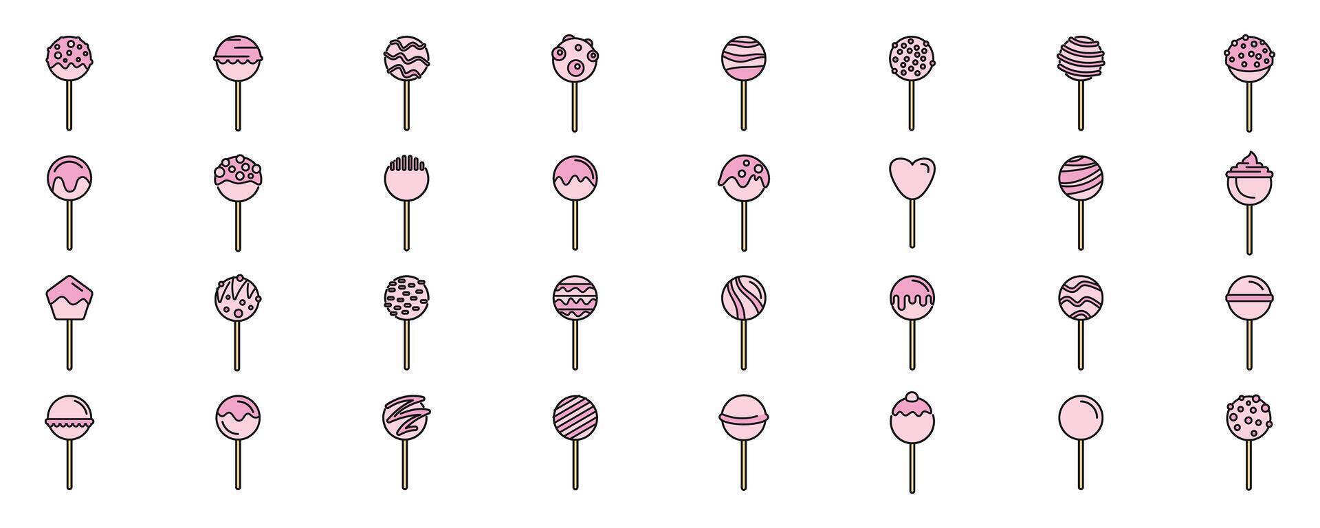 Set of different cake pops icons showing various toppings and decorations vector