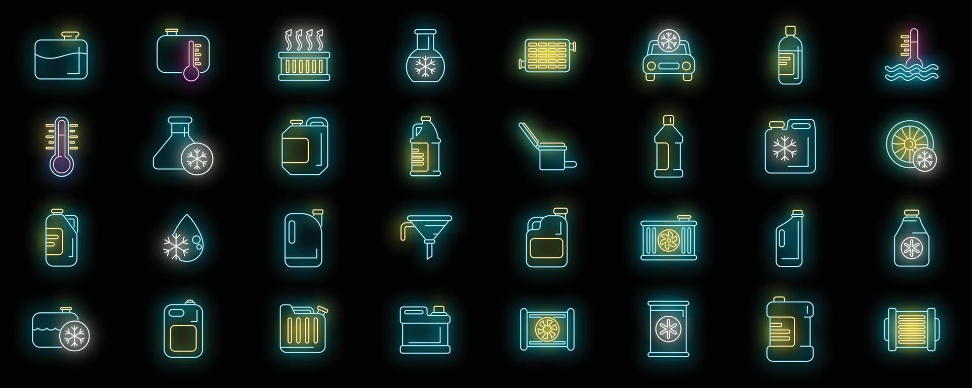Antifreeze liquid and car cooling system glowing neon icons set vector